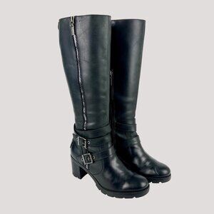 UGG Womens Lana Tall Biker Boots Black Leather Block Heel Lug Sole size 8